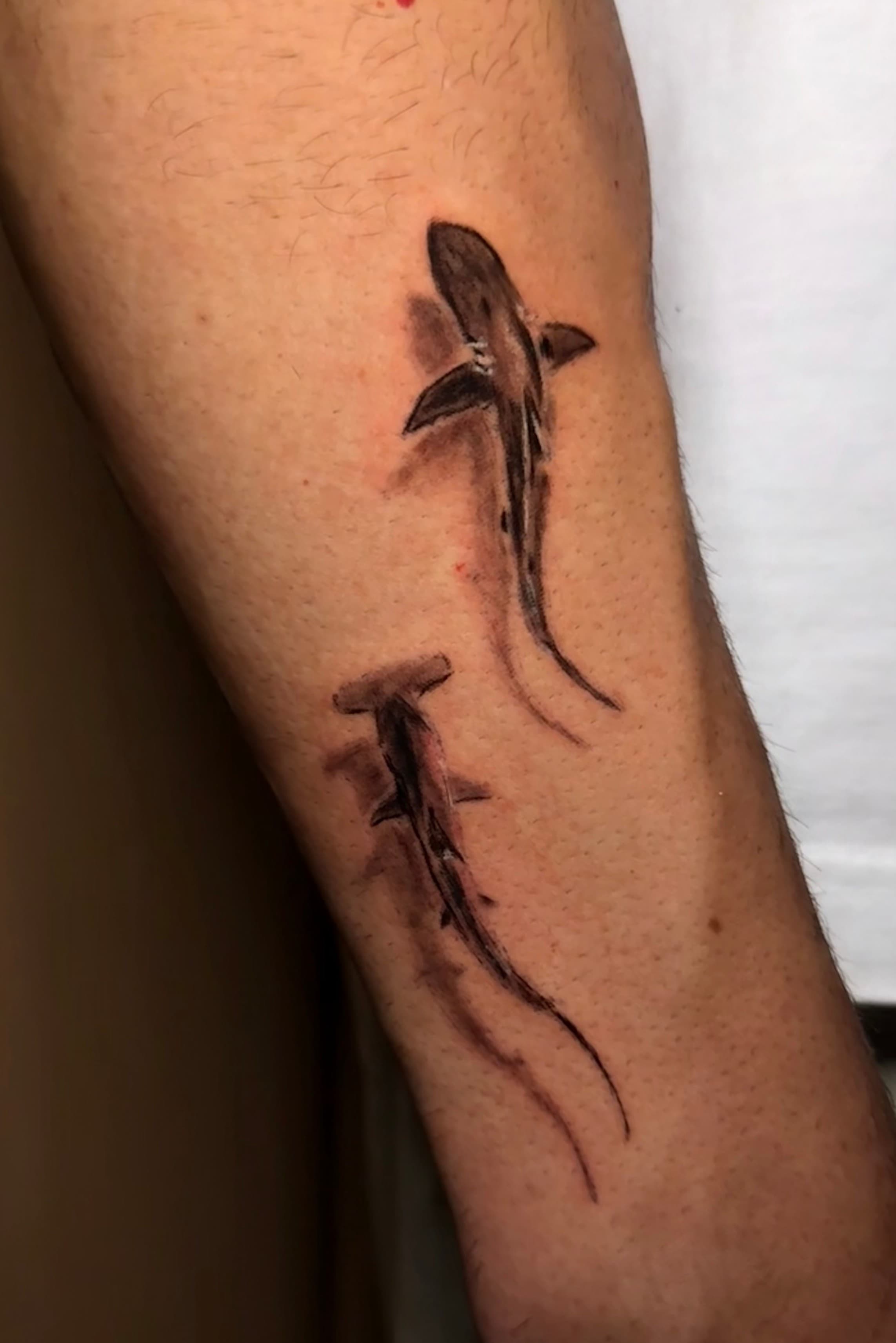 Pareja de tiburones a modo de pincelada, black & grey, en el antebrazo.